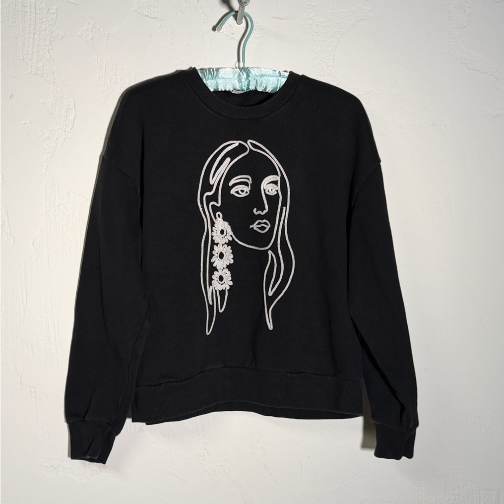 Embroidered Silhouette Abstract  Woman Black Sweatshirt